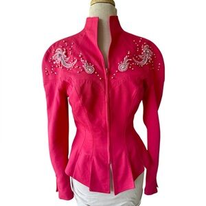 Vtg 80s IIF Hot Pink Beaded Blazer Jacket Sz 8 Car Wash Slits Barbie Western